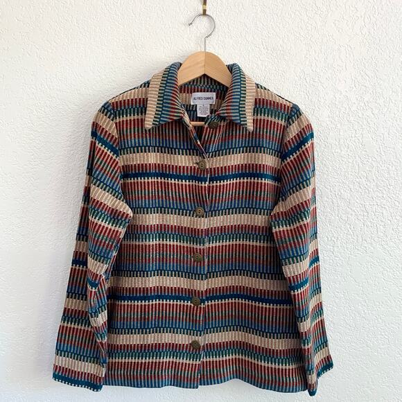 Alfred Dunner Multicolor Stripe Woven Chenille Button Up Light Jacket Retro Vntg - Picture 2 of 7